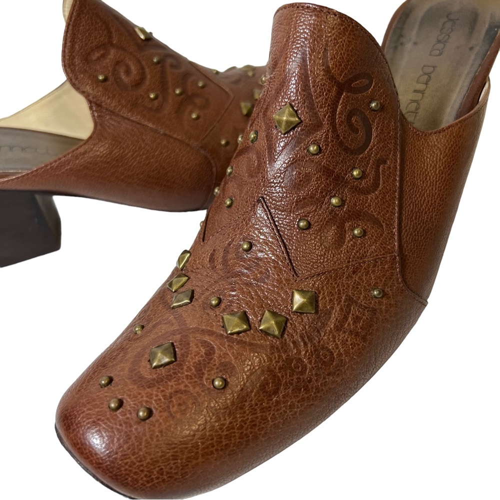 Jessica Bennett JCoral Brown Leather Embellished Western Heel Mules SZ 9M